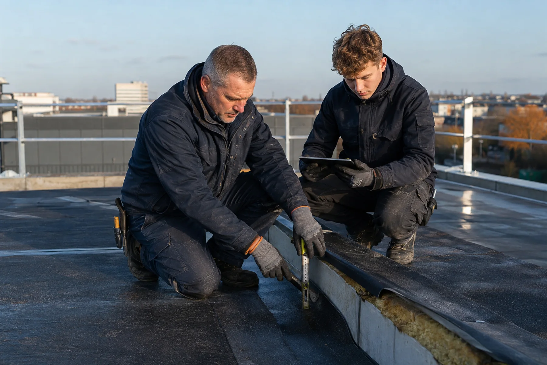 Een ervaren dakdekker en een leerling controleren samen een dakdetail