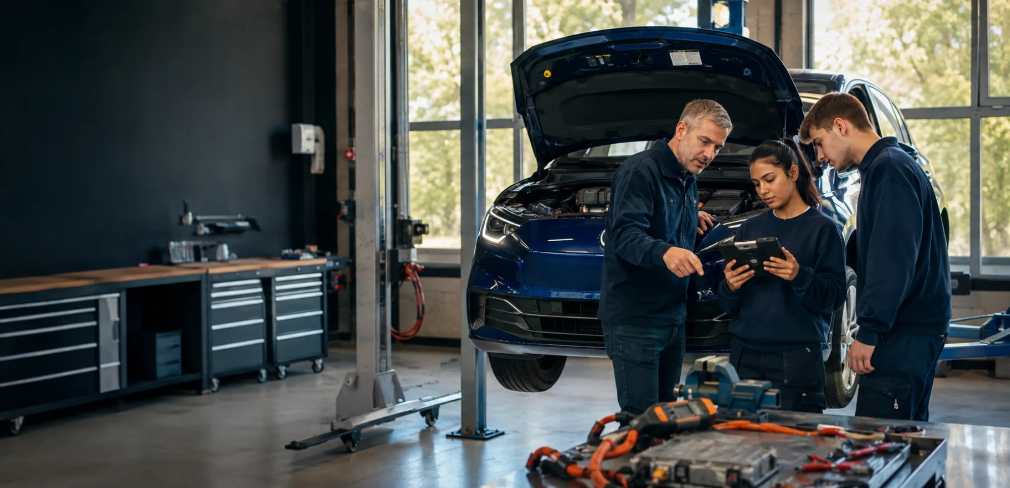 Studenten onderzoeken met een praktijkopleider een elektrische auto in de werkplaats
